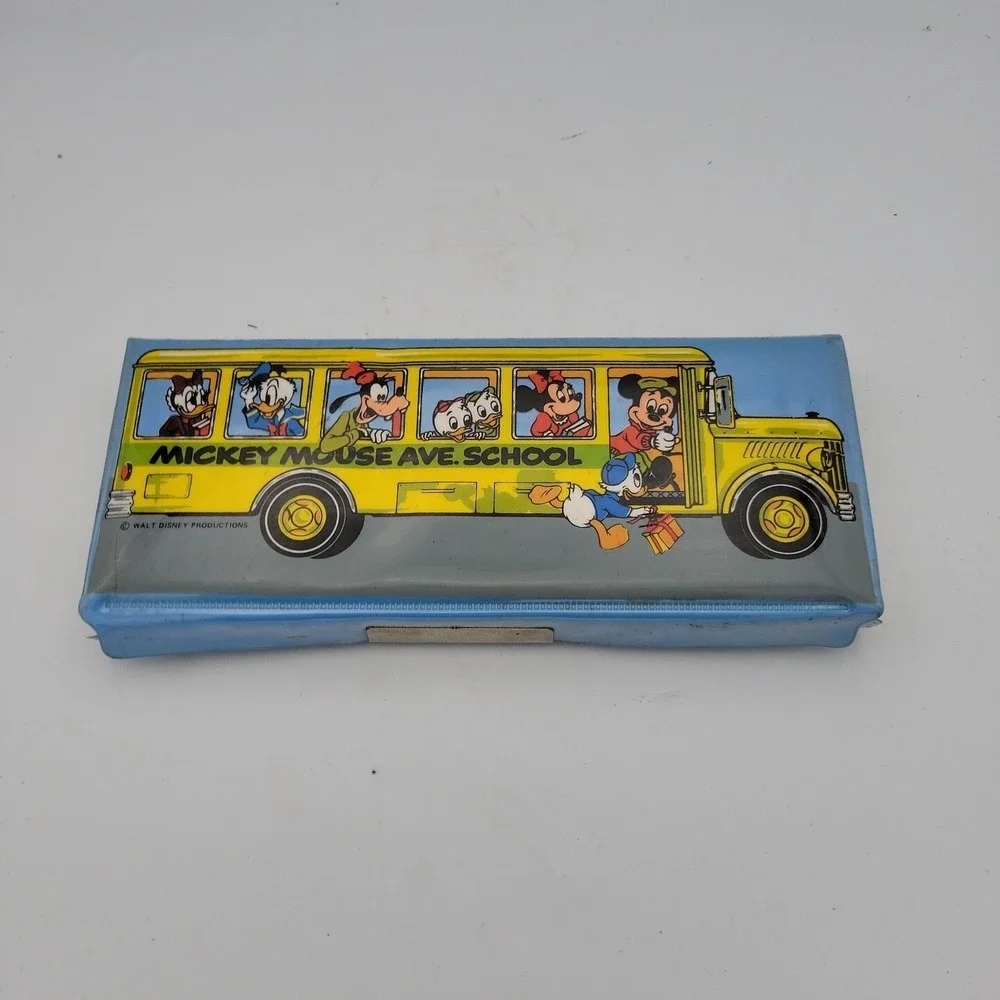 VTG Walt Disney Mickey Mouse Ave School Vinyl Pencil Box Case School Bus Blue